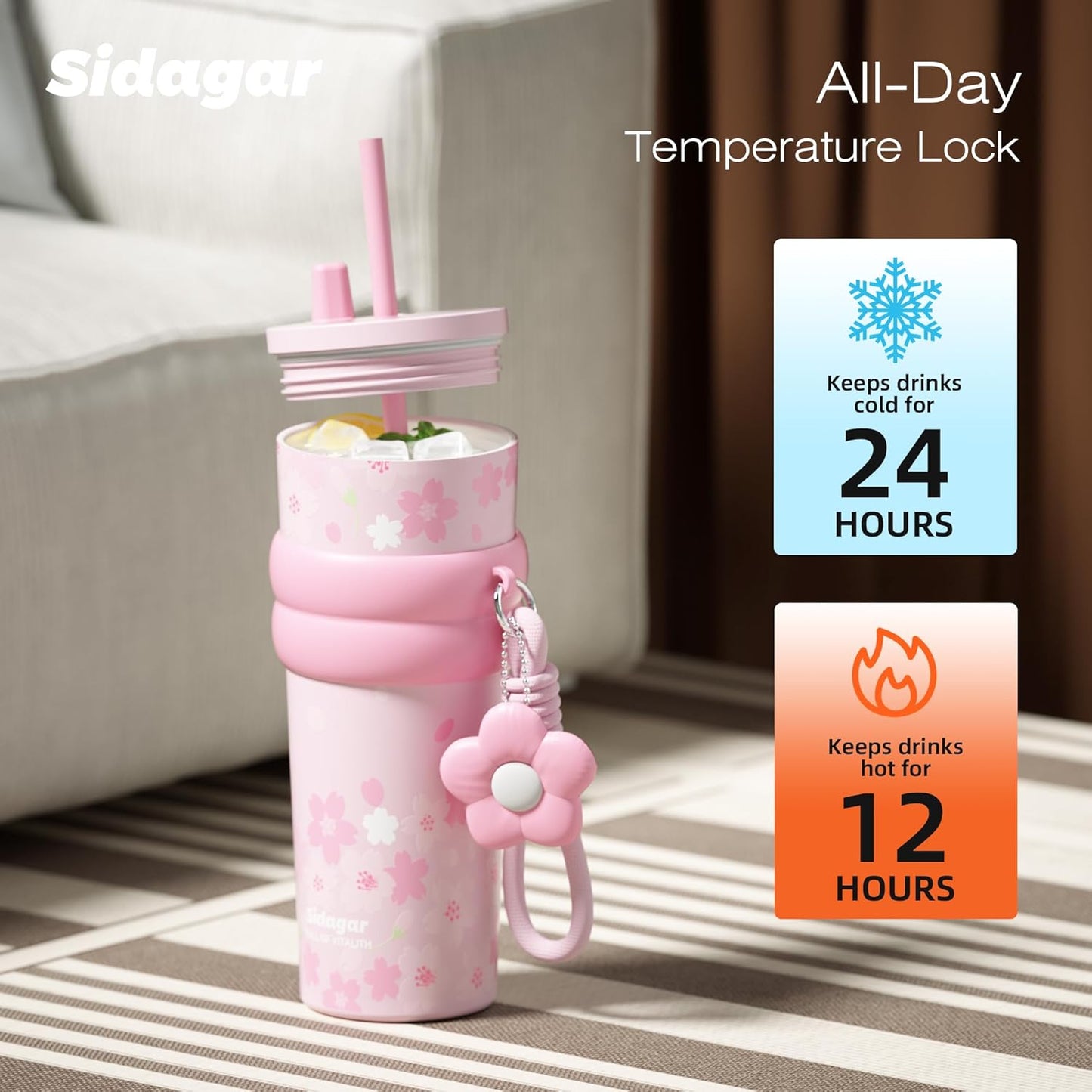 + 24 oz Stainless Steel Tumbler with Lid and Straw, Insulated Water Bottle Leak Proof for Hot and Cold, Portable Travel Coffee Mug, Reusable Coffee Cup for Women, Blue
