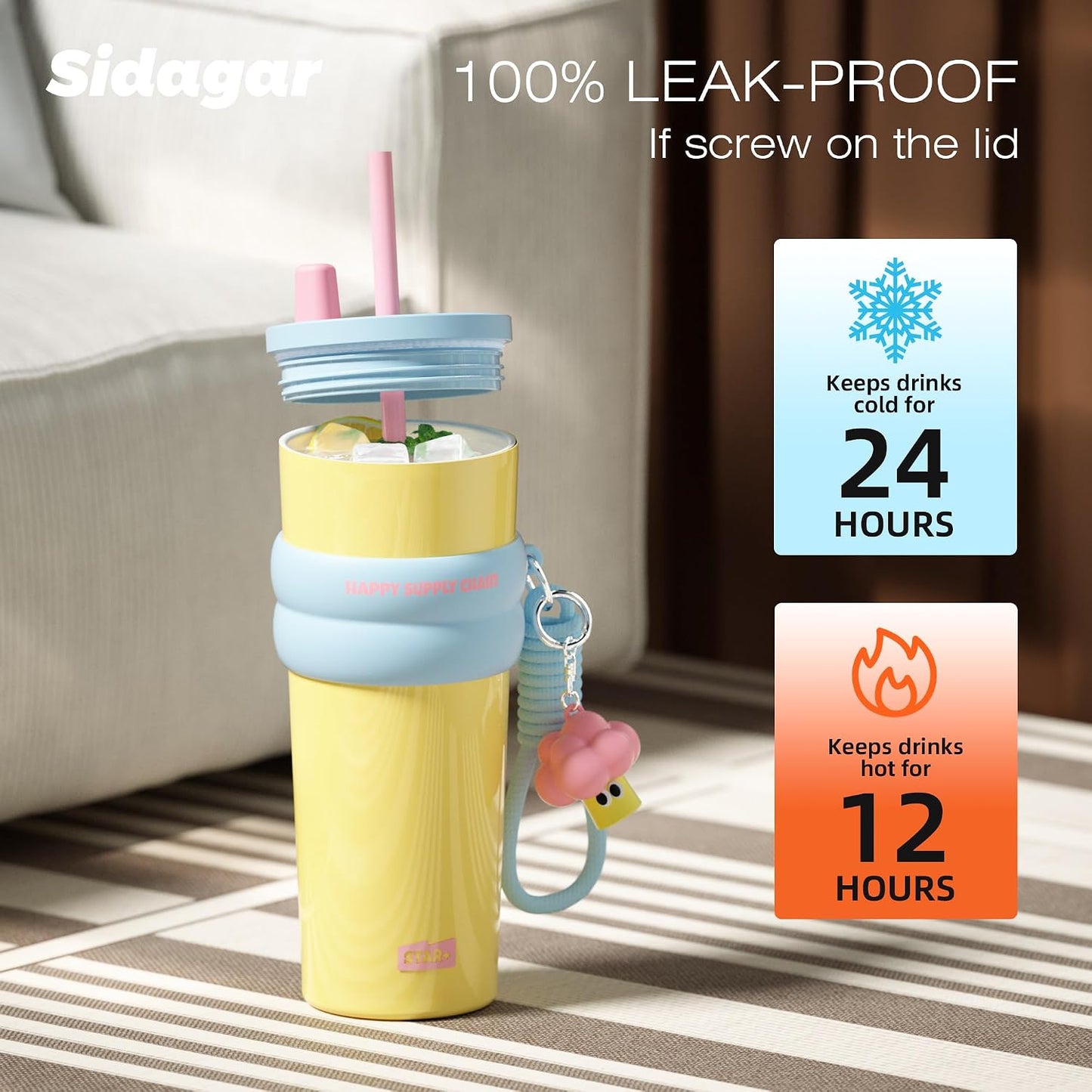 + 24 oz Stainless Steel Tumbler with Lid and Straw, Insulated Water Bottle Leak Proof for Hot and Cold, Portable Travel Coffee Mug, Reusable Coffee Cup for Women, Blue
