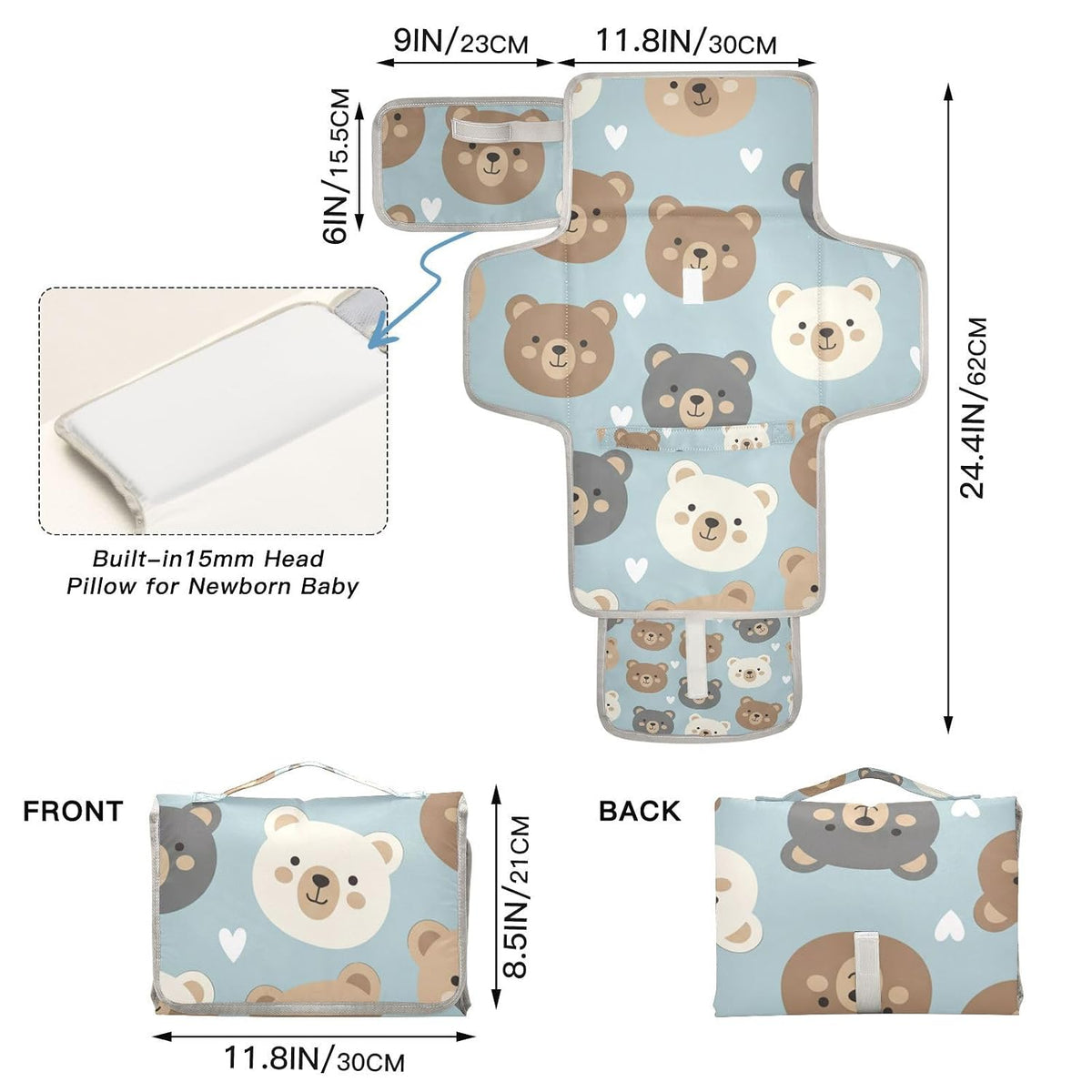 Bears Hearts Pattern Portable Diaper Changing Pad Daycare