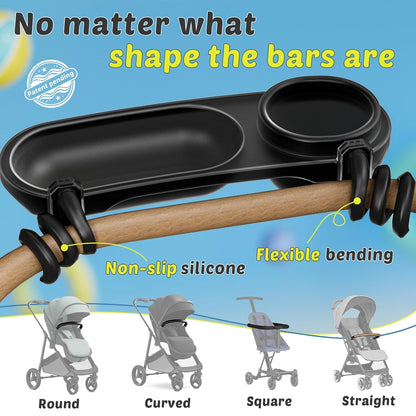Universal Snack Tray for Stroller, Cup Holder Tray with Flexible Silicone Arm Gripper, Stays in Place Tray Attachment for Toddler & Kids, Snacking On The Go, Stroller Travel Accessories, Universal Fit