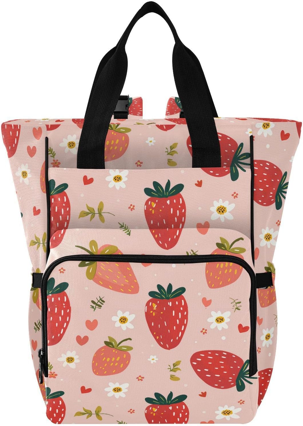 Diaper Bag Backpack, Multifunction Travel Bag for Moms Dads, Baby Changing Bag with Insulted Pockets, Stroller Straps and Side Bottle Pockets Cute Strawberry Pattern