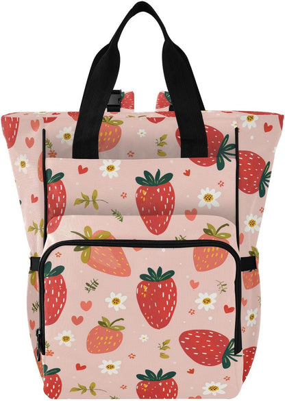 Diaper Bag Backpack, Multifunction Travel Bag for Moms Dads, Baby Changing Bag with Insulted Pockets, Stroller Straps and Side Bottle Pockets Cute Strawberry Pattern