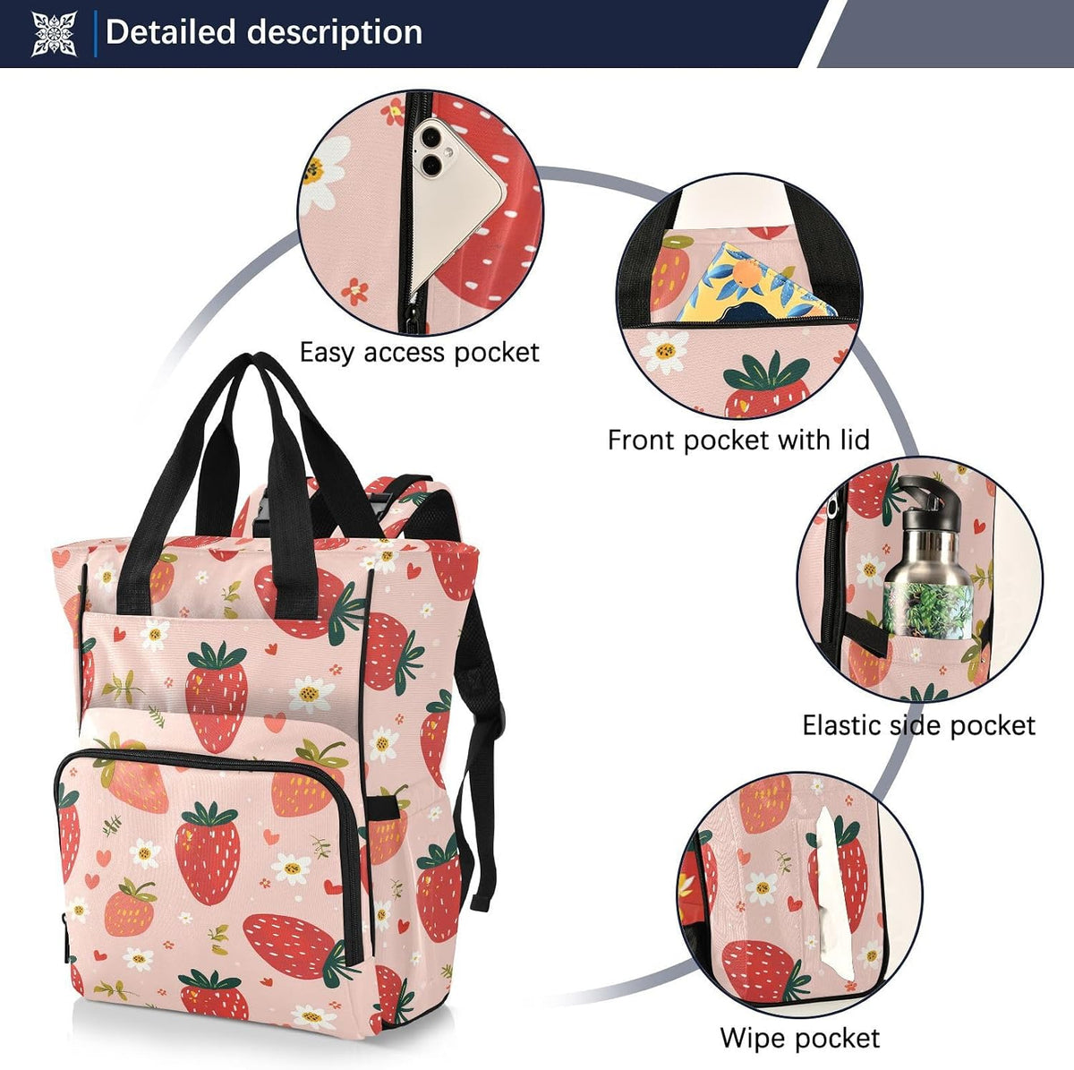 Diaper Bag Backpack, Multifunction Travel Bag for Moms Dads, Baby Changing Bag with Insulted Pockets, Stroller Straps and Side Bottle Pockets Cute Strawberry Pattern