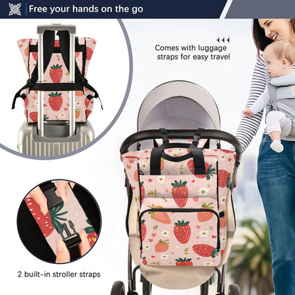 Diaper Bag Backpack, Multifunction Travel Bag for Moms Dads, Baby Changing Bag with Insulted Pockets, Stroller Straps and Side Bottle Pockets Cute Strawberry Pattern