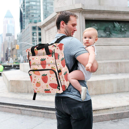 Diaper Bag Backpack, Multifunction Travel Bag for Moms Dads, Baby Changing Bag with Insulted Pockets, Stroller Straps and Side Bottle Pockets Cute Strawberry Pattern