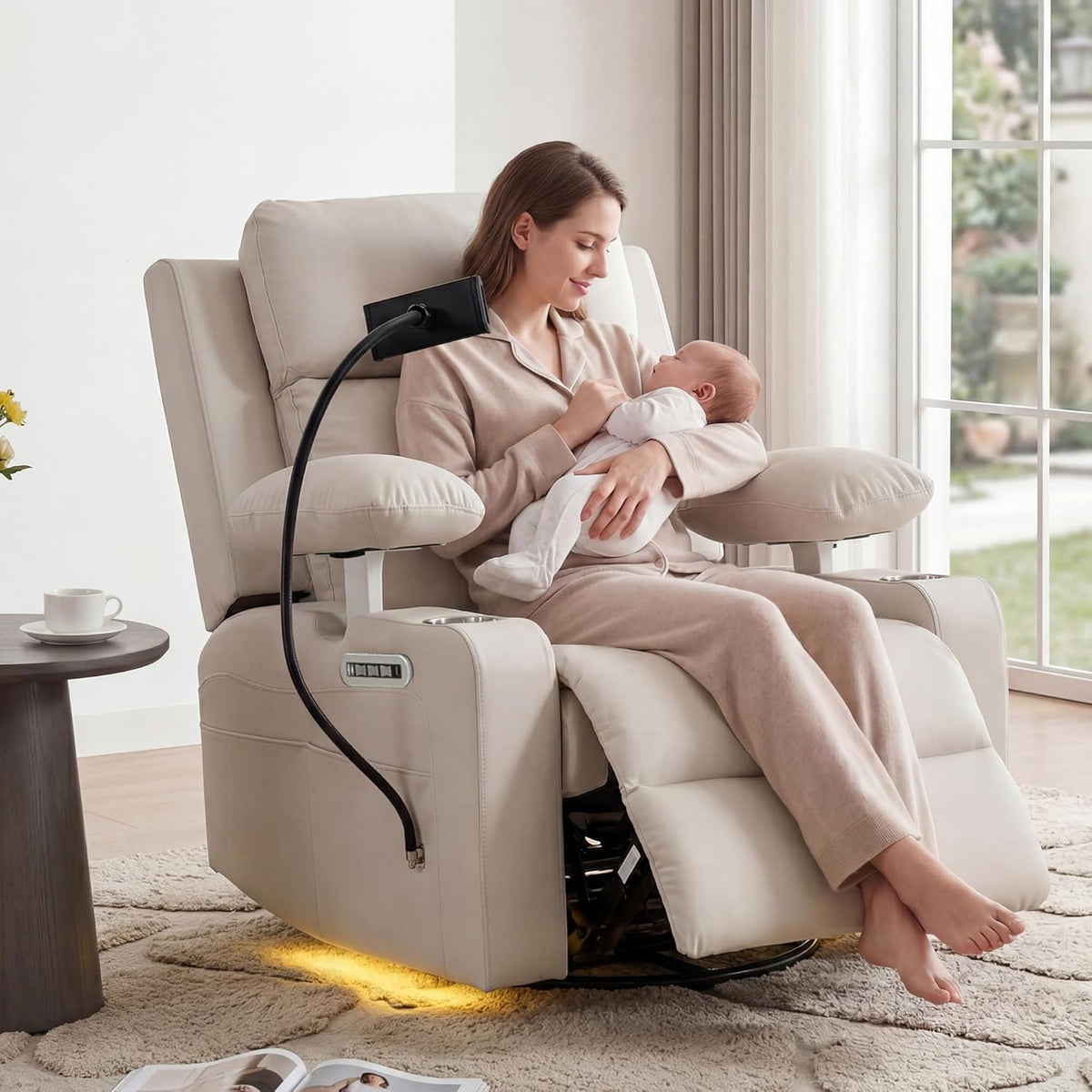 Power Rocking Chair Nursery with Adjustable Armrests, Beige