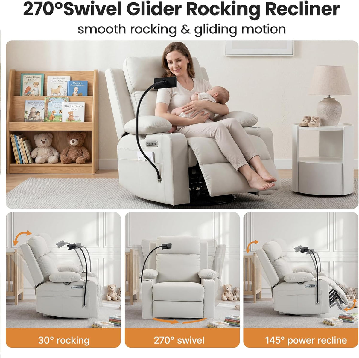 Power Rocking Chair Nursery with Adjustable Armrests, Beige