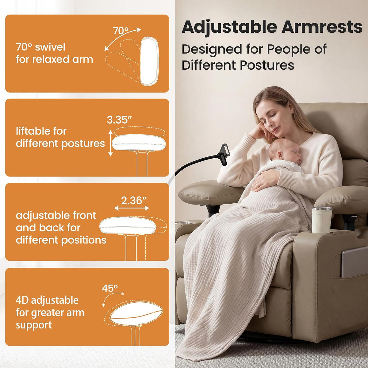Power Rocking Chair Nursery with Adjustable Armrests, Beige