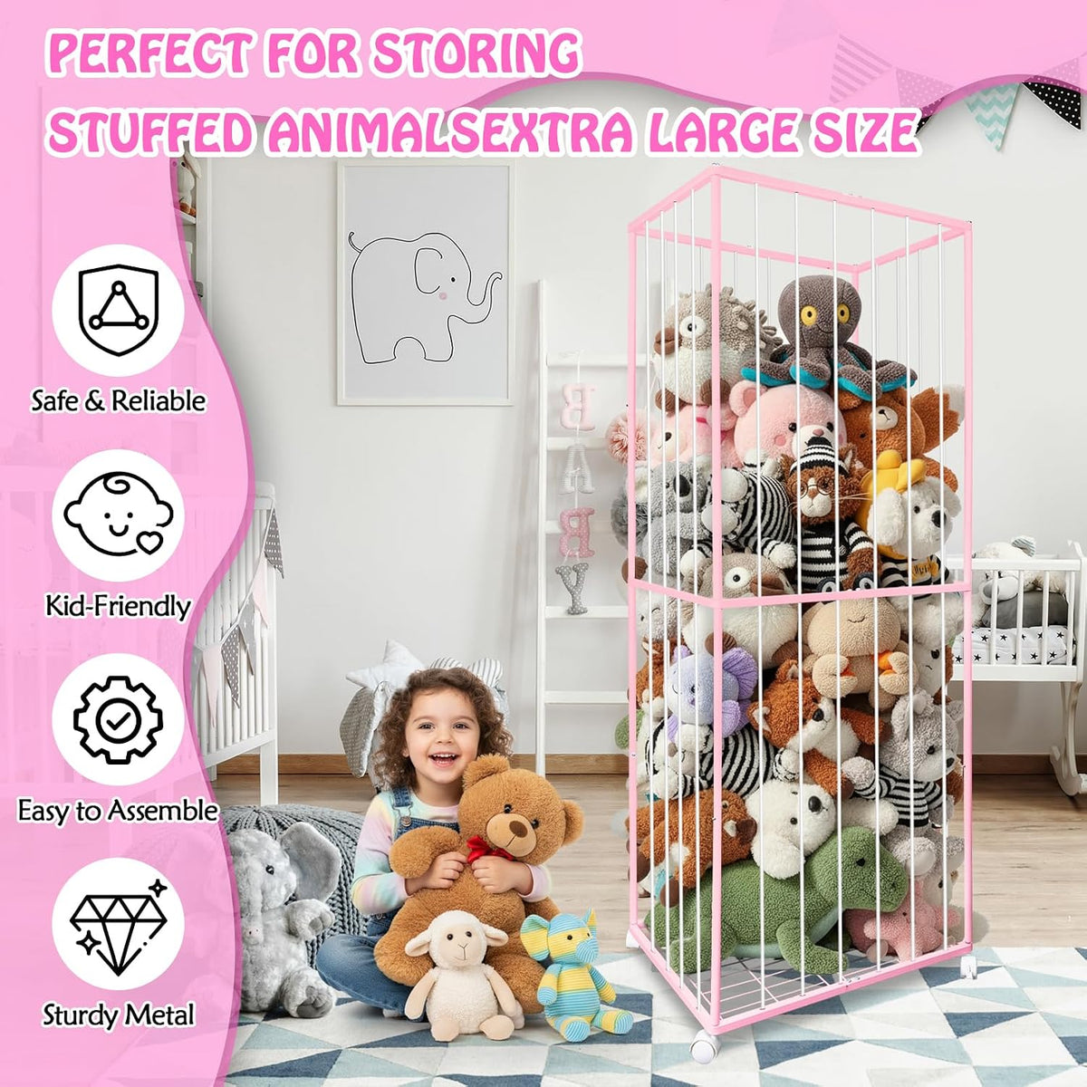Stuffed Animal Storage Zoo with Wheels, 64" Wooden Large