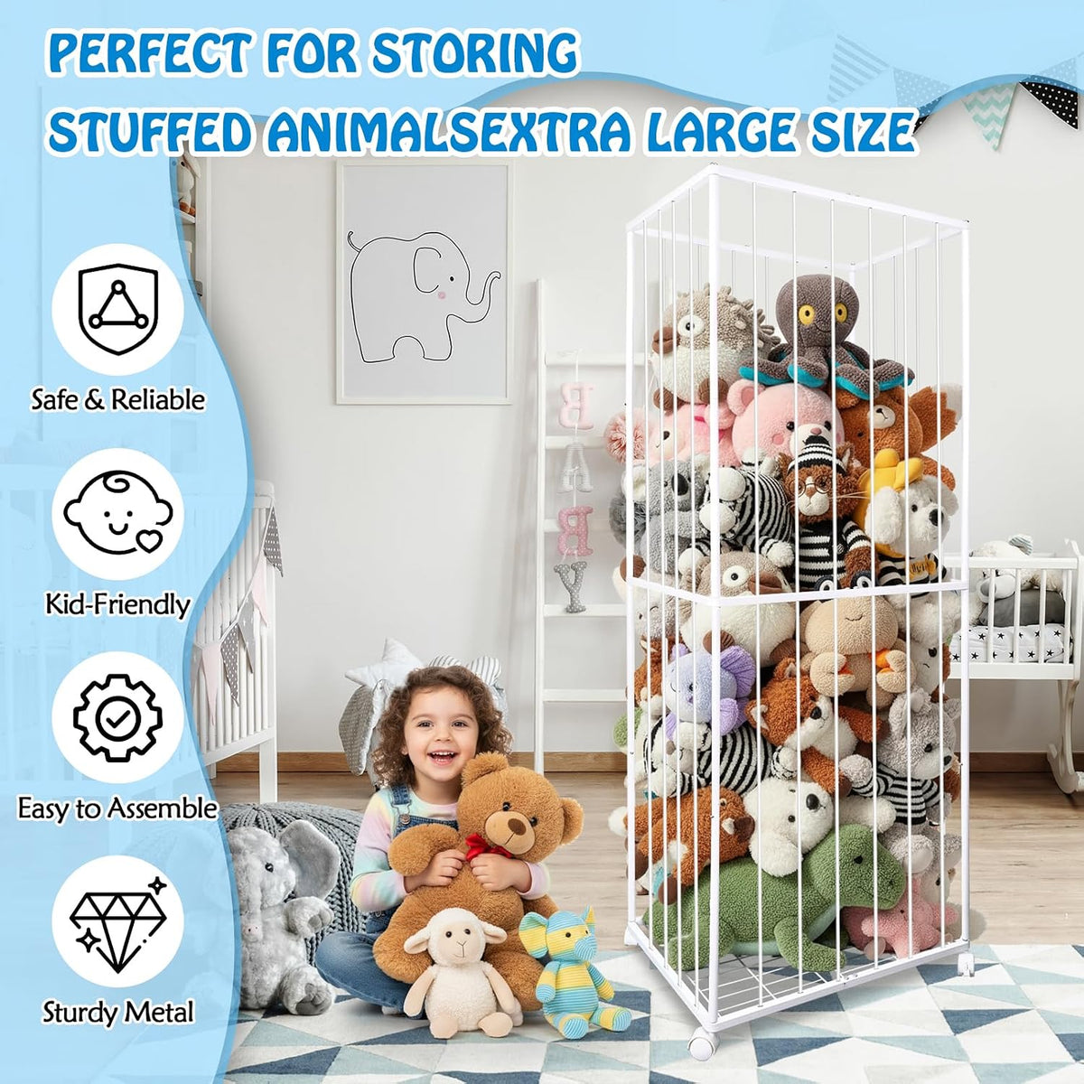 Stuffed Animal Storage Zoo with Wheels, 64" Wooden Large