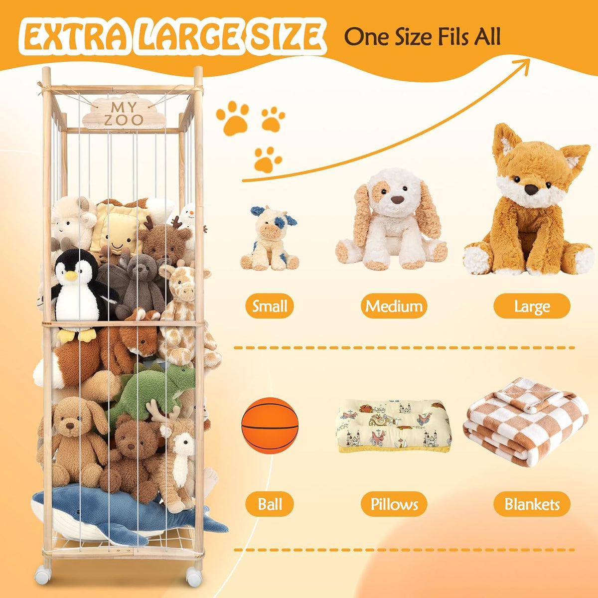 Stuffed Animal Storage Zoo with Wheels, 64" Wooden Large