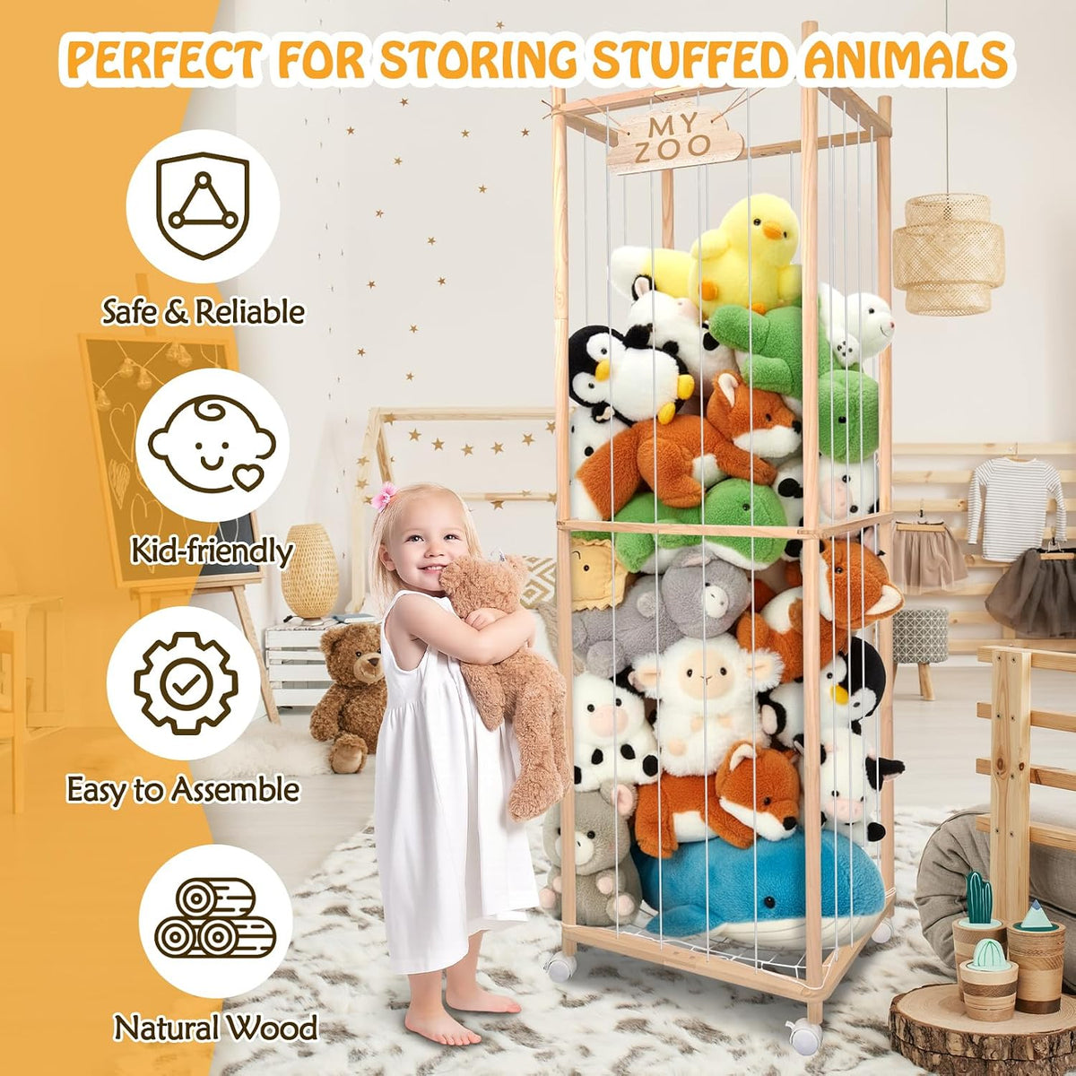 Stuffed Animal Storage Zoo with Wheels, 64" Wooden Large