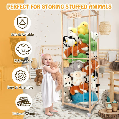 Stuffed Animal Storage Zoo with Wheels, 64" Wooden Large