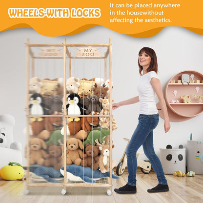 Stuffed Animal Storage Zoo with Wheels, 64" Wooden Large