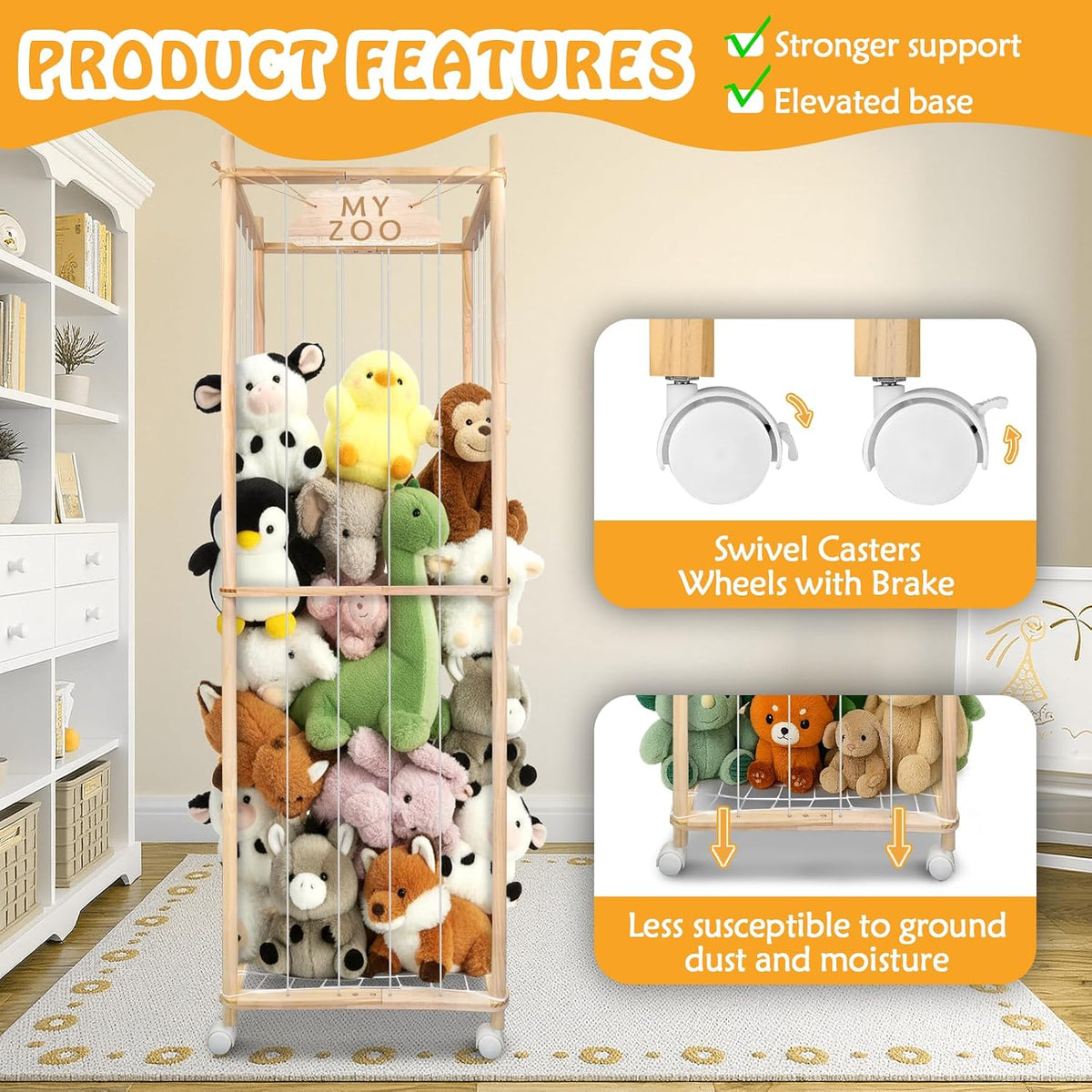 Stuffed Animal Storage Zoo with Wheels, 64" Wooden Large