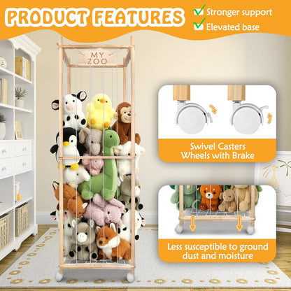 Stuffed Animal Storage Zoo with Wheels, 64" Wooden Large