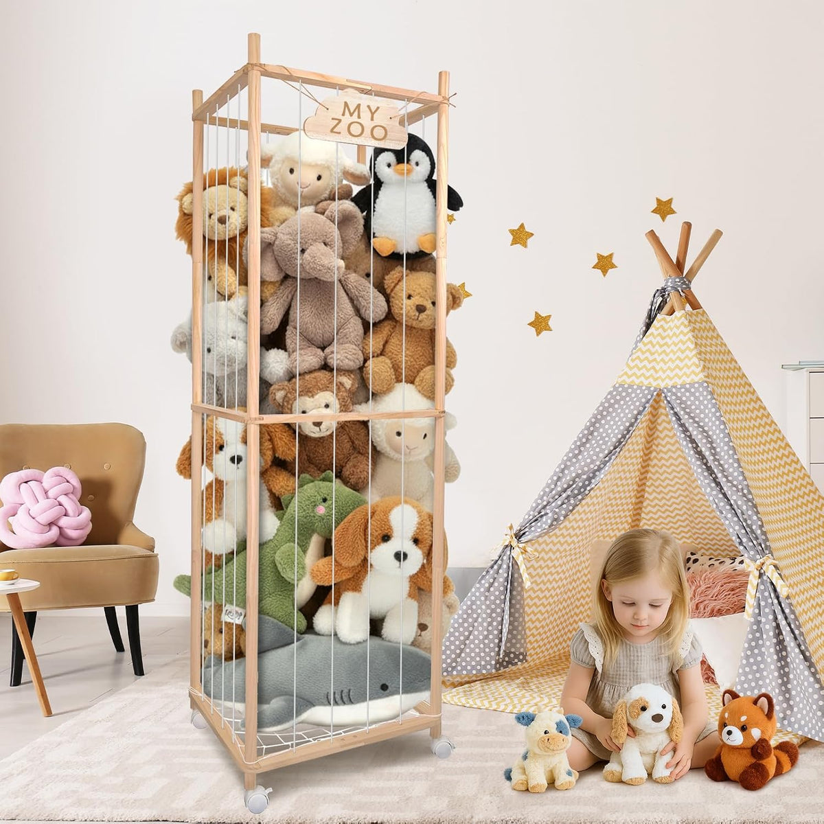 Stuffed Animal Storage Zoo with Wheels, 64" Wooden Large