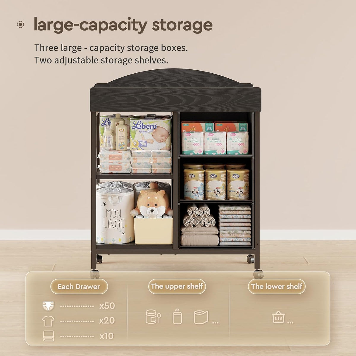 Changing Table, 3 Drawers&2 Shelves, Changing Table Dresser, Brown