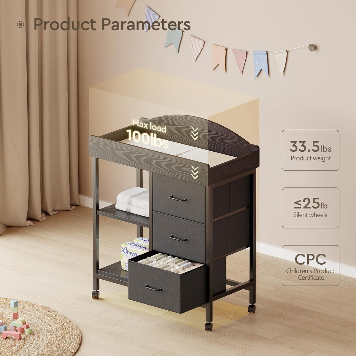 Changing Table, 3 Drawers&2 Shelves, Changing Table Dresser, Brown