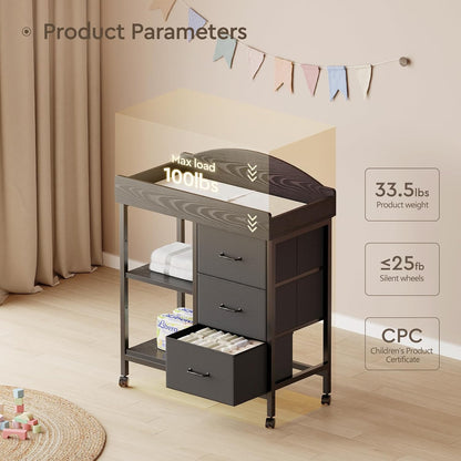 Changing Table, 3 Drawers&2 Shelves, Changing Table Dresser, Brown