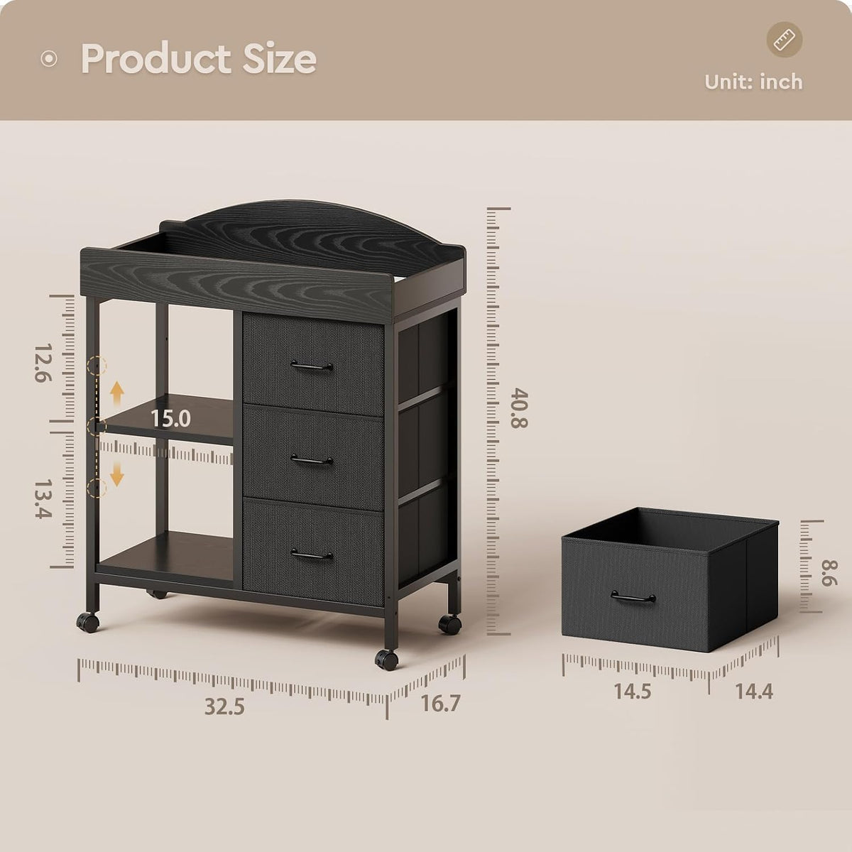 Changing Table, 3 Drawers&2 Shelves, Changing Table Dresser, Brown