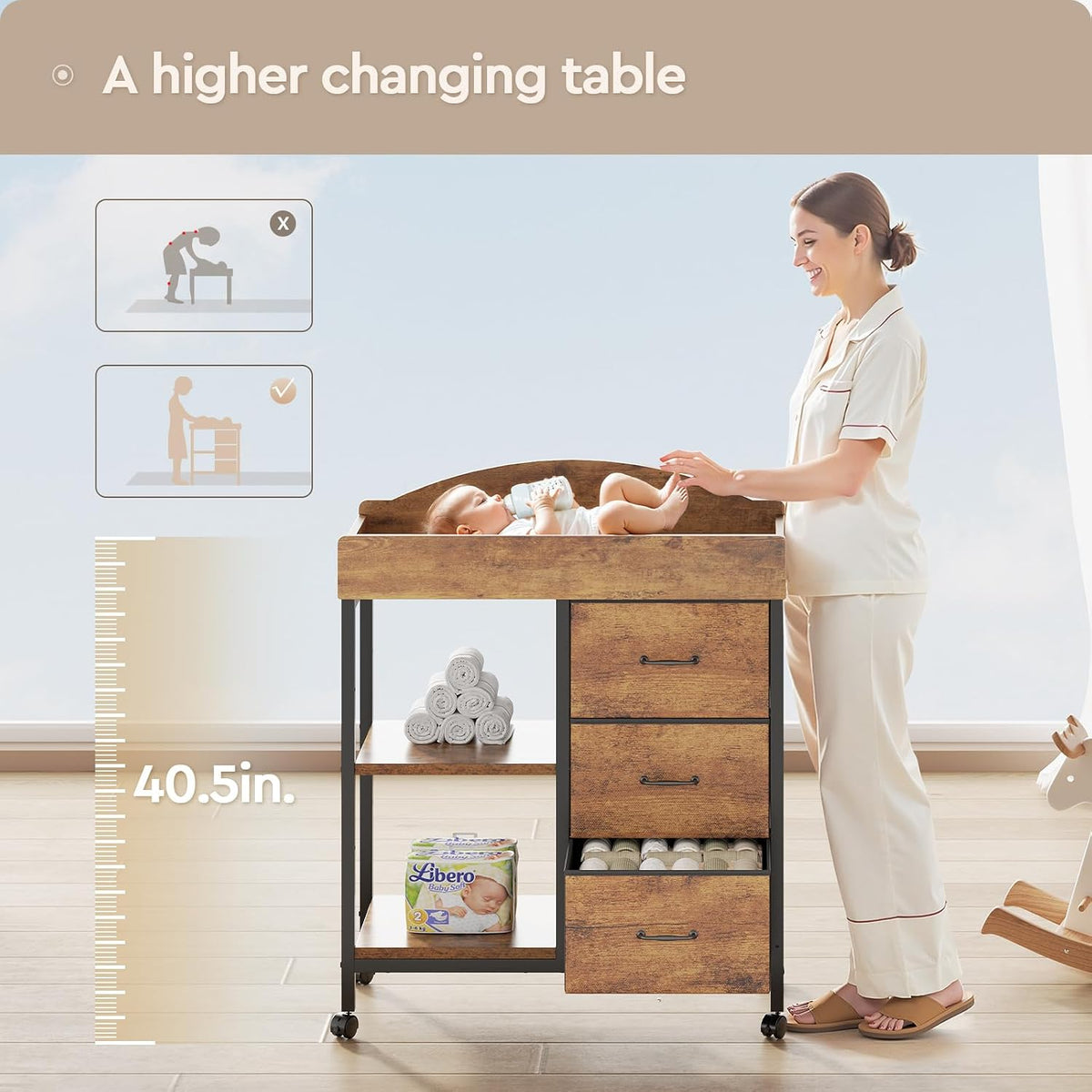 Changing Table, 3 Drawers&2 Shelves, Changing Table Dresser, Brown