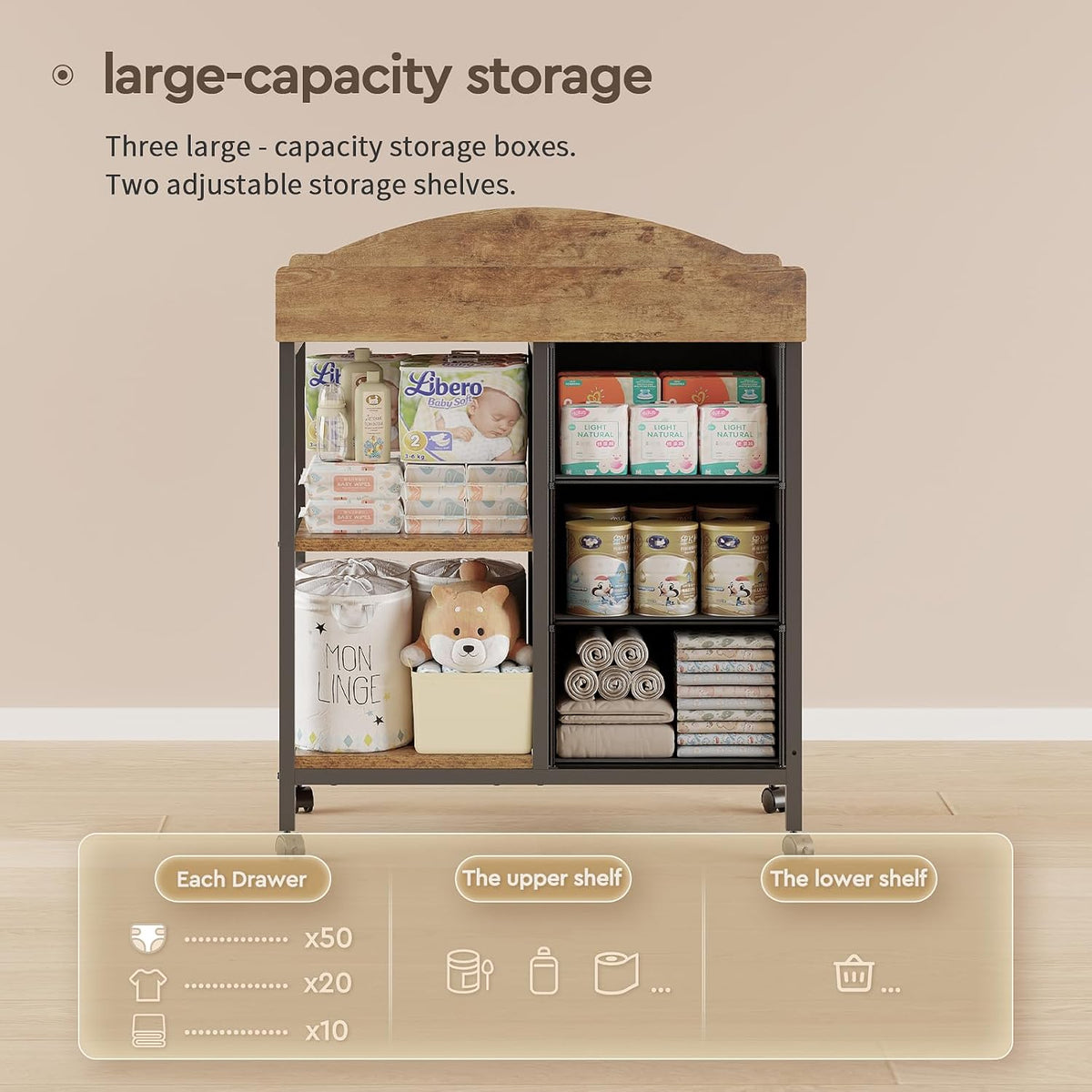 Changing Table, 3 Drawers&2 Shelves, Changing Table Dresser, Brown