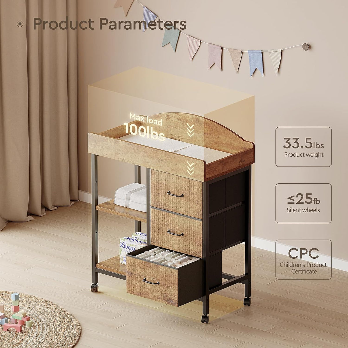Changing Table, 3 Drawers&2 Shelves, Changing Table Dresser, Brown