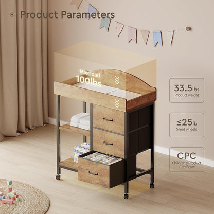Changing Table, 3 Drawers&2 Shelves, Changing Table Dresser, Brown