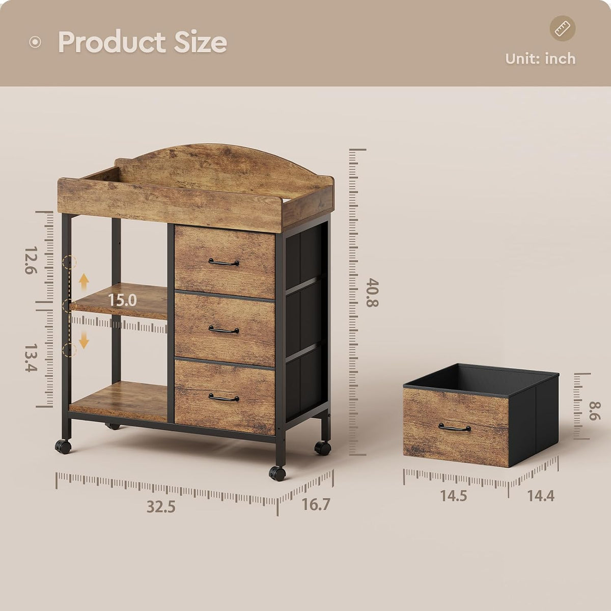 Changing Table, 3 Drawers&2 Shelves, Changing Table Dresser, Brown