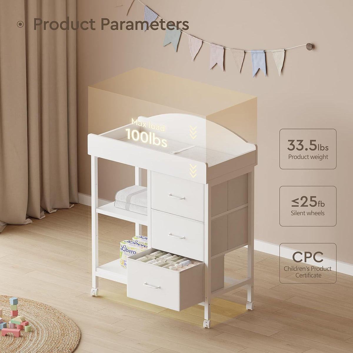 Changing Table, 3 Drawers&2 Shelves, Changing Table Dresser, Brown
