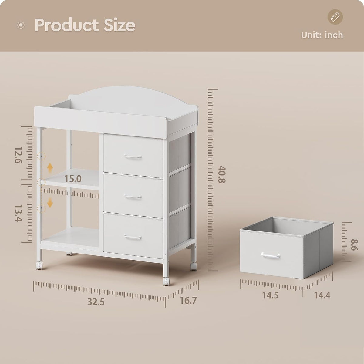 Changing Table, 3 Drawers&2 Shelves, Changing Table Dresser, Brown
