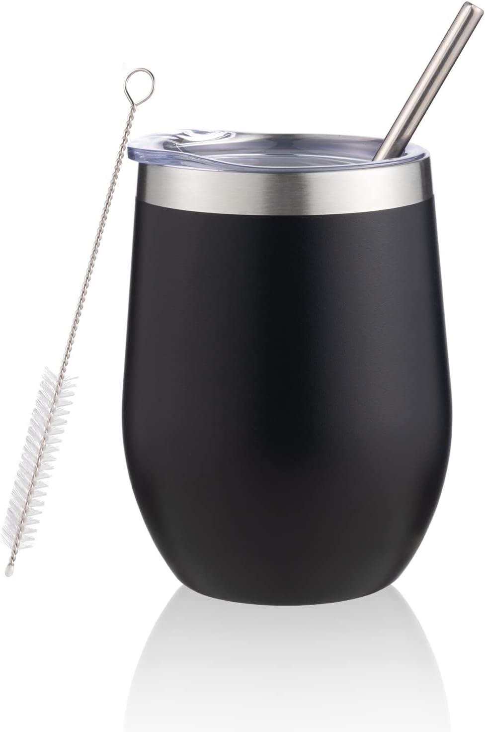 12 oz Insulated Wine Tumbler with Lid and Straw,Stainless Steel Stemless Wine Tumbler Glasses Double Wall Vacuum Wine Cups Tumbler for Coffee,Champaign,Office（Mint Green,1）