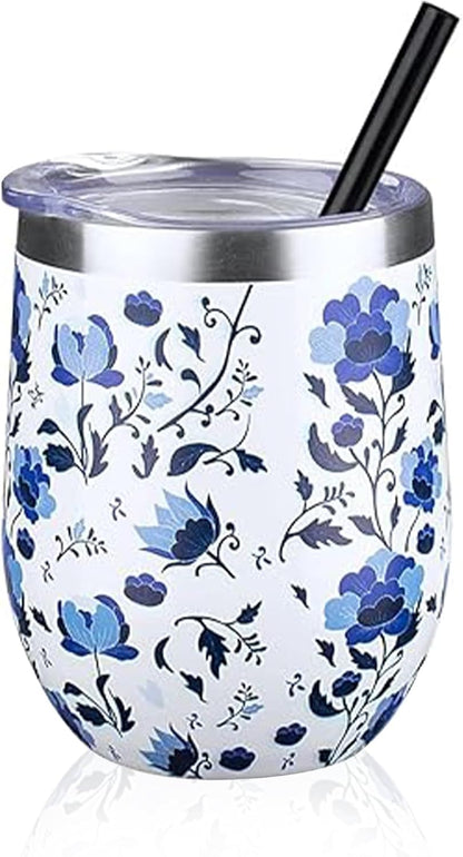 12 oz Insulated Wine Tumbler with Lid and Straw,Stainless Steel Stemless Wine Tumbler Glasses Double Wall Vacuum Wine Cups Tumbler for Coffee,Champaign,Office（Mint Green,1）