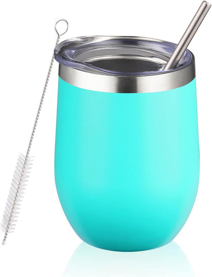 12 oz Insulated Wine Tumbler with Lid and Straw,Stainless Steel Stemless Wine Tumbler Glasses Double Wall Vacuum Wine Cups Tumbler for Coffee,Champaign,Office（Mint Green,1）