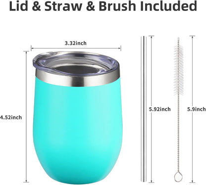 12 oz Insulated Wine Tumbler with Lid and Straw,Stainless Steel Stemless Wine Tumbler Glasses Double Wall Vacuum Wine Cups Tumbler for Coffee,Champaign,Office（Mint Green,1）