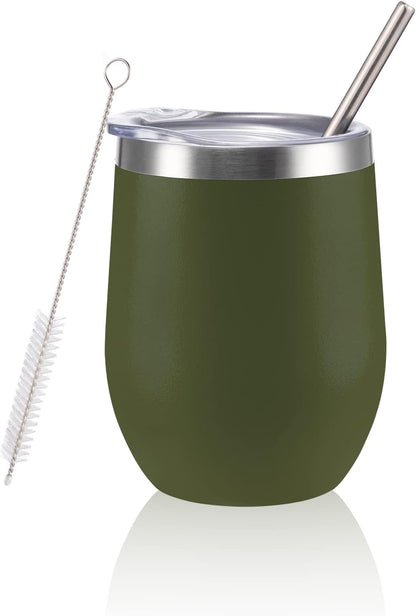 12 oz Insulated Wine Tumbler with Lid and Straw,Stainless Steel Stemless Wine Tumbler Glasses Double Wall Vacuum Wine Cups Tumbler for Coffee,Champaign,Office（Mint Green,1）