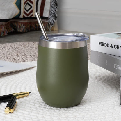 12 oz Insulated Wine Tumbler with Lid and Straw,Stainless Steel Stemless Wine Tumbler Glasses Double Wall Vacuum Wine Cups Tumbler for Coffee,Champaign,Office（Mint Green,1）