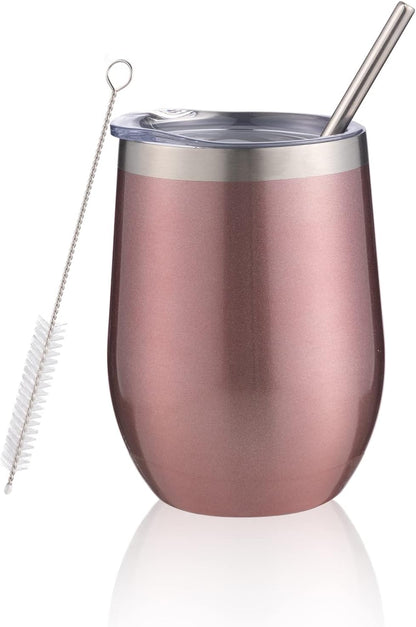 12 oz Insulated Wine Tumbler with Lid and Straw,Stainless Steel Stemless Wine Tumbler Glasses Double Wall Vacuum Wine Cups Tumbler for Coffee,Champaign,Office（Mint Green,1）