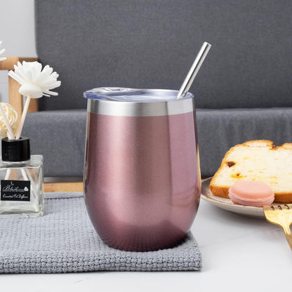 12 oz Insulated Wine Tumbler with Lid and Straw,Stainless Steel Stemless Wine Tumbler Glasses Double Wall Vacuum Wine Cups Tumbler for Coffee,Champaign,Office（Mint Green,1）
