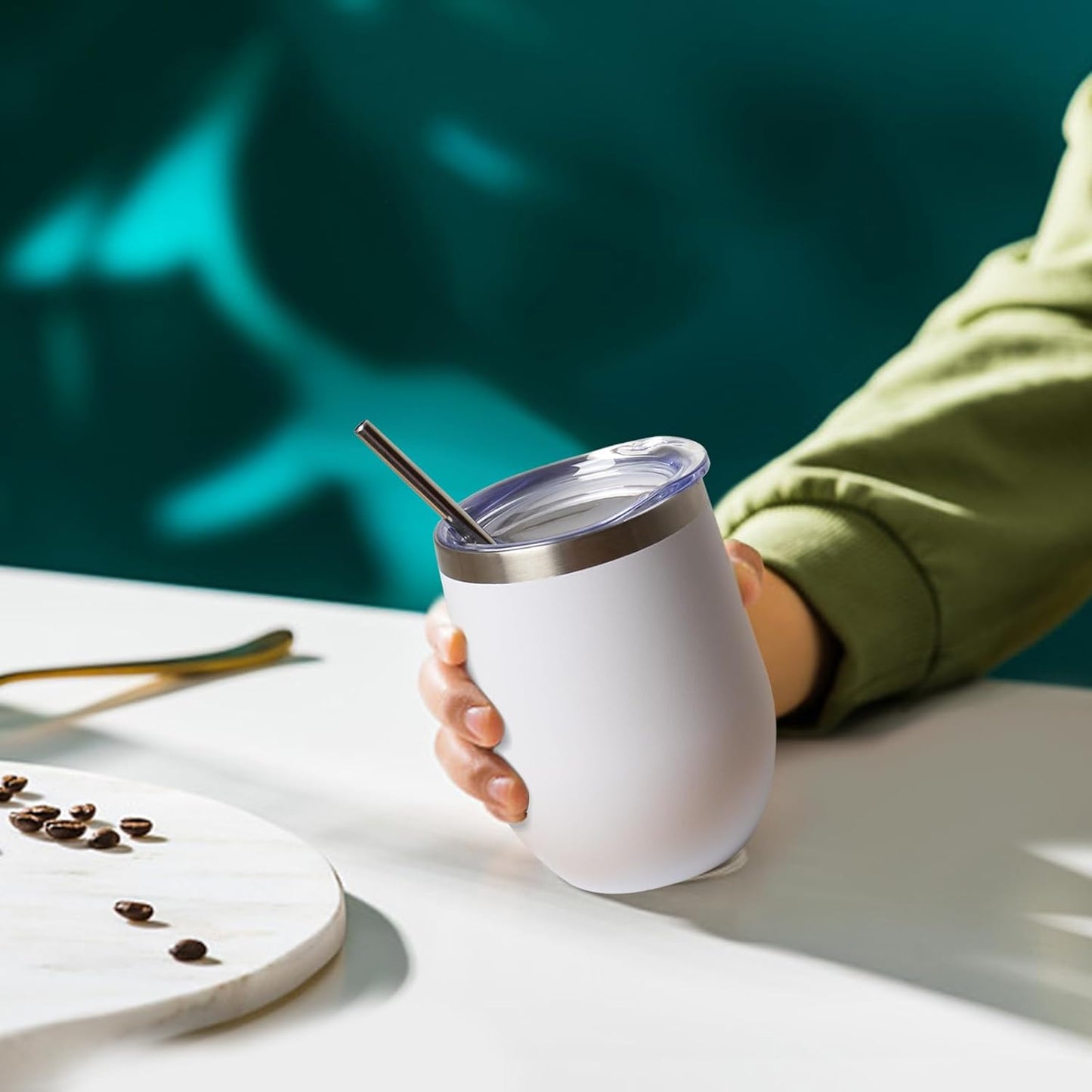 12 oz Insulated Wine Tumbler with Lid and Straw,Stainless Steel Stemless Wine Tumbler Glasses Double Wall Vacuum Wine Cups Tumbler for Coffee,Champaign,Office（Mint Green,1）