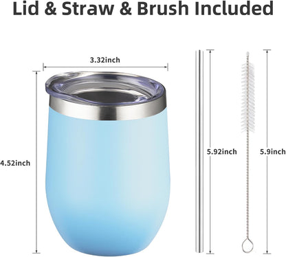 12 oz Insulated Wine Tumbler with Lid and Straw,Stainless Steel Stemless Wine Tumbler Glasses Double Wall Vacuum Wine Cups Tumbler for Coffee,Champaign,Office（Mint Green,1）