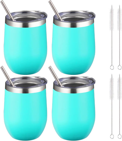 12 oz Insulated Wine Tumbler with Lid and Straw,Stainless Steel Stemless Wine Tumbler Glasses Double Wall Vacuum Wine Cups Tumbler for Coffee,Champaign,Office（Mint Green,1）