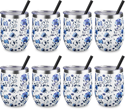 12 oz Insulated Wine Tumbler with Lid and Straw,Stainless Steel Stemless Wine Tumbler Glasses Double Wall Vacuum Wine Cups Tumbler for Coffee,Champaign,Office（Mint Green,1）