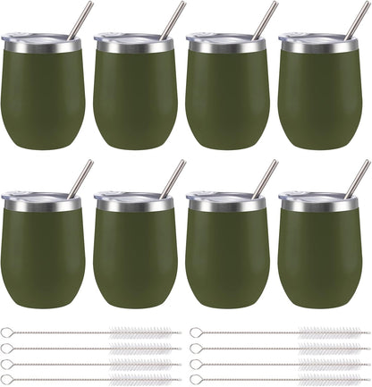 12 oz Insulated Wine Tumbler with Lid and Straw,Stainless Steel Stemless Wine Tumbler Glasses Double Wall Vacuum Wine Cups Tumbler for Coffee,Champaign,Office（Mint Green,1）