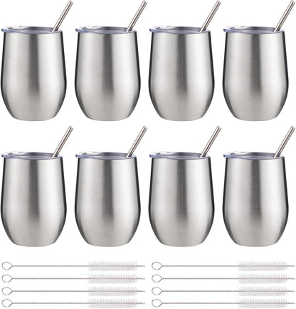 12 oz Insulated Wine Tumbler with Lid and Straw,Stainless Steel Stemless Wine Tumbler Glasses Double Wall Vacuum Wine Cups Tumbler for Coffee,Champaign,Office（Mint Green,1）