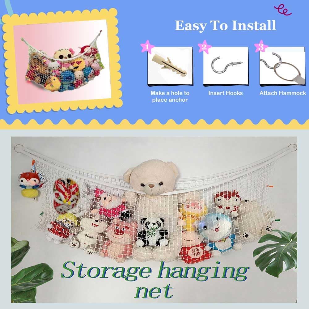 Stuffed Animal Hammock, Corner Wall Storage Net for Plush Toys, Polyester Hanging Organizer for Bedroom and Playroom Decor, White, 51 Inch, Includes Hooks