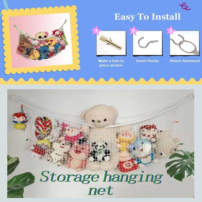 Stuffed Animal Hammock, Corner Wall Storage Net for Plush Toys, Polyester Hanging Organizer for Bedroom and Playroom Decor, White, 51 Inch, Includes Hooks