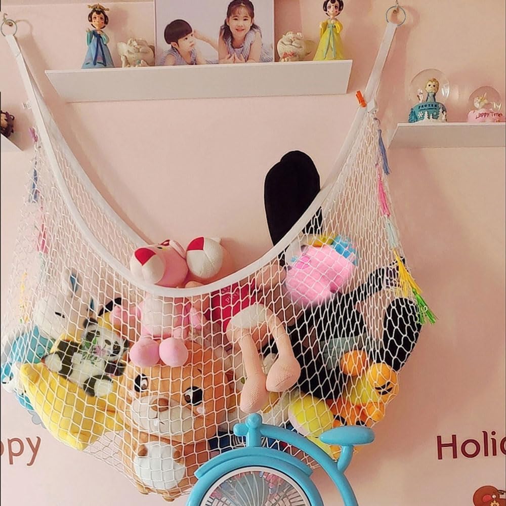 Stuffed Animal Hammock, Corner Wall Storage Net for Plush Toys, Polyester Hanging Organizer for Bedroom and Playroom Decor, White, 51 Inch, Includes Hooks