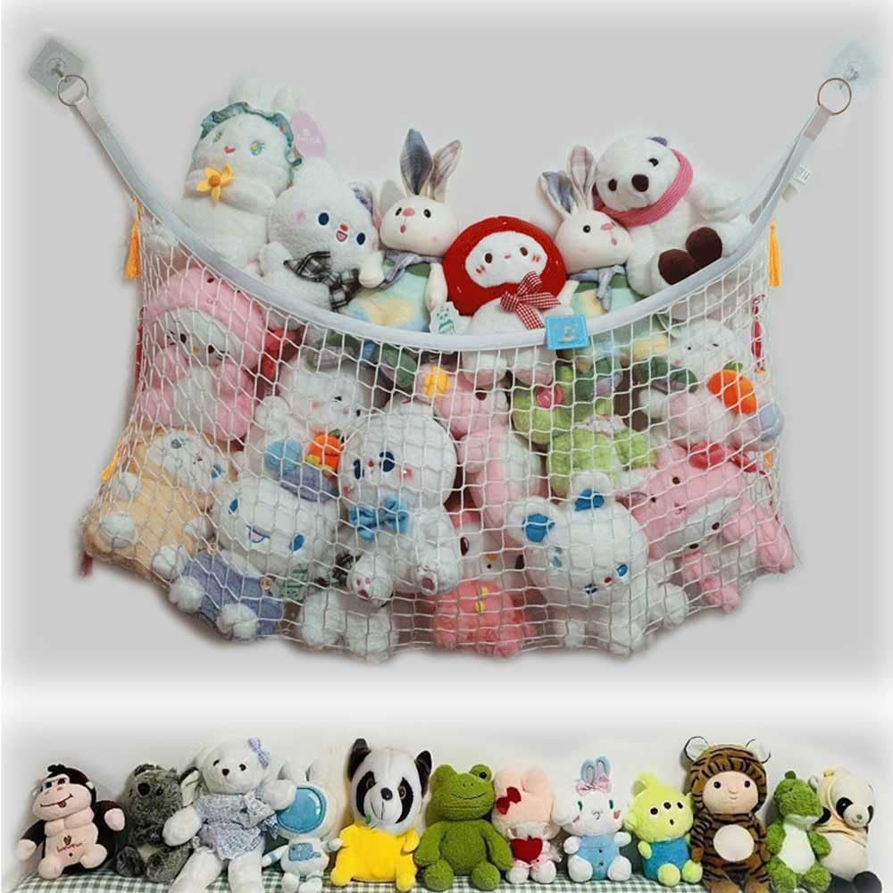 Stuffed Animal Hammock, Corner Wall Storage Net for Plush Toys, Polyester Hanging Organizer for Bedroom and Playroom Decor, White, 51 Inch, Includes Hooks